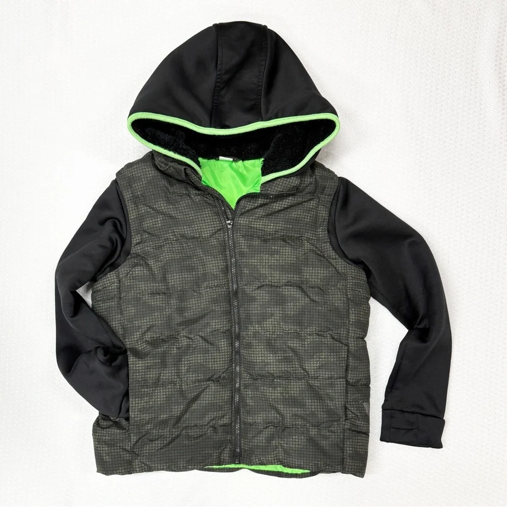 Old Navy Hybrid Hoodie Jacket Boys M 8 ‎ Black and Green Hooded Puffer Jacket
